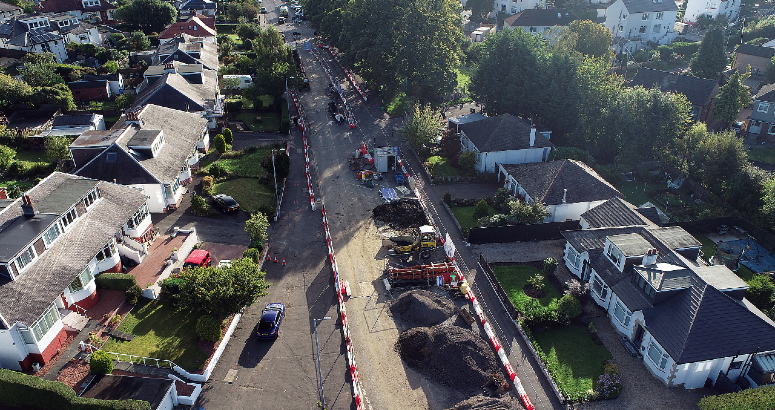 Braidholm Road Sewer Flooding project Aerial photo of work underway on Braidholm Road