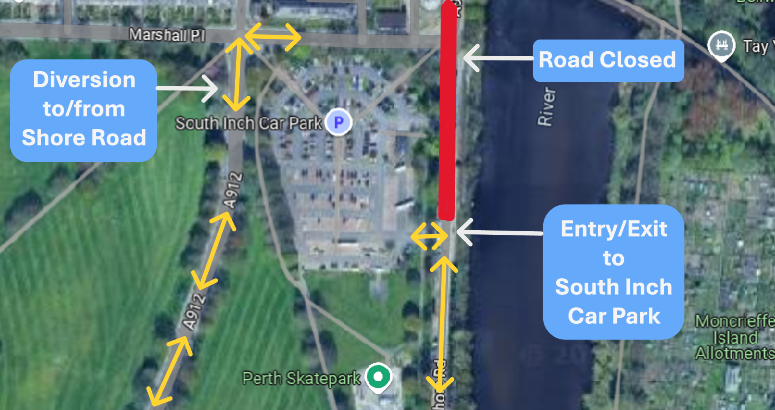 A map showing road closures and diversions near Shore Road, South Inch Car Park, and the River Tay. A section of Shore Road is marked in red as 'Road Closed.' Yellow arrows indicate a diversion route to and from Shore Road via Marshall Place and the A912. Another arrow points to the 'Entry/Exit to South Inch Car Park,' which remains accessible despite the road closure. Key landmarks include Perth Skatepark and Moncreiffe Island Allotments.
