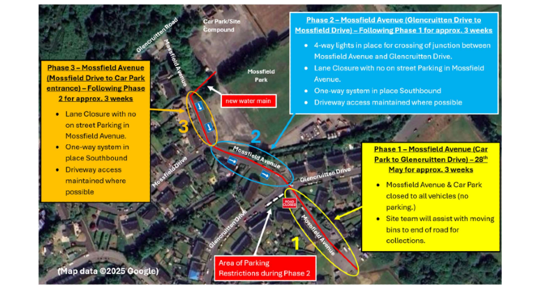 Oban Water Main Upgrade Phases and Traffic Management Plans Satellite image of roadworks planned to help accommodate a water main upgrade in Oban