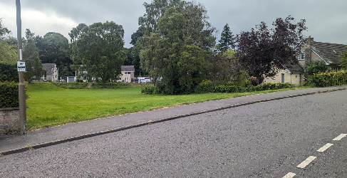 Green space area beside street. A road is in the foreground with some trees and bushes in the background.