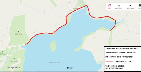 Temporary Traffic Regulation Order on U80 Gladhouse Clearway effective from May 16 to October 18, 2025 Map showing a Temporary Traffic Regulation Order on U80 Gladhouse Clearway, with marked route in red along the Reservoir, effective from May 16 to October 18, 2025.