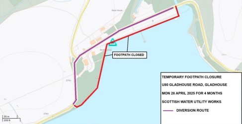 Gladhouse Reservoir Footpath Closure Map showing a temporary footpath closure on U80 Gladhouse Road effective from April 28, 2025, for four months due to Scottish Water utility works, including a marked diversion route.