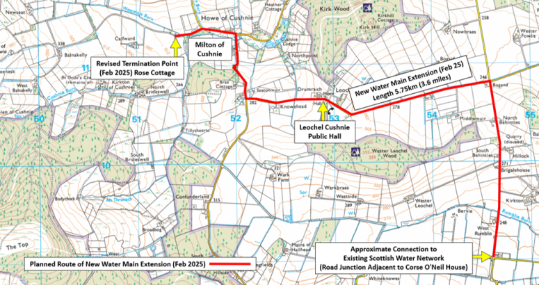 Milton of Cushnie Water Main Satellite map of Milton of Cushnie detailing the route of new water main