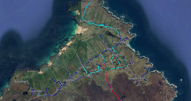 Satellite image of the Isle of Lewis in Scotland showing various marked locations and roads, with an overlay of transport or connectivity routes in blue and red lines. Satellite image of the Isle of Lewis in Scotland showing various marked locations and roads, with an overlay of transport or connectivity routes in blue and red lines.