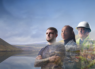 Draft Long Term Strategy two males and female Scottish Water workers against a mountain backdrop