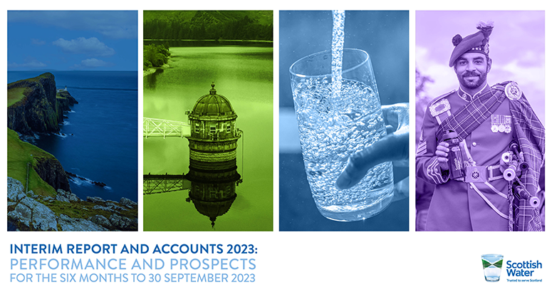 Scottish Water Interim Report and Accounts December 2023 Front cover of Scottish Water interim report and accounts showing seaview, reservoir, glass and man in kilt with refillable bottle
