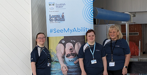 Learn to Swim celebrates World Downs Syndrome Day Learn to Swim swim teachers Cerys McCrindle and Laura and Betty Logan celebrate World Downs Syndrome Day