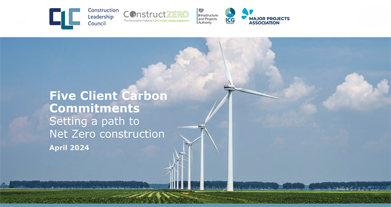Construct Zero line of wind turbines in a green field with blue sky and Construction Industry Council logo banner