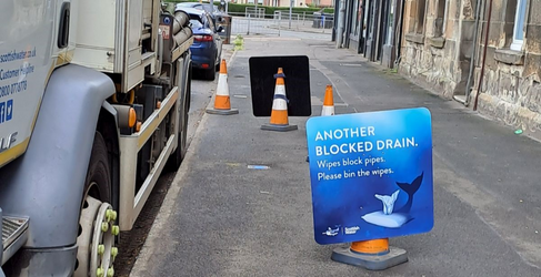 Scottish Water street signage informing that there has been a sewer blockage Scottish Water street signage informing that there has been a sewer blockage