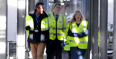 Winchburgh Opening Scottish Water's Stephen Boon and CEO Alex Plant, with Cabinet Secretary Gillian Martin on a tour of the new Winchburgh Waste Water Treatment Works