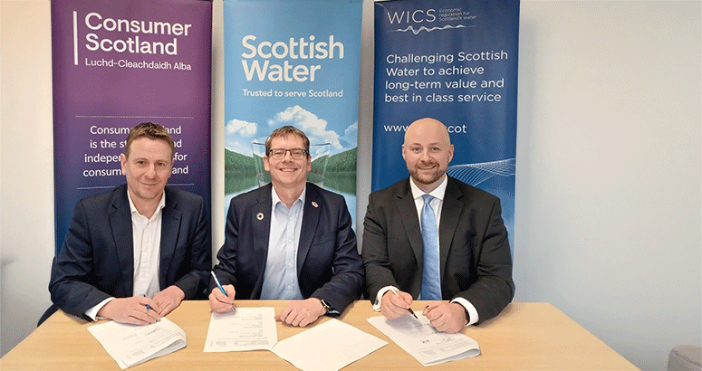 MOU Water Charges Signing left to right Sam Ghibaldan, Chief Executive of Consumer Scotland, Alex Plant, CEO of Scottish Water and David Satti, Interim CEOfor WICS signing memorandum of understanding for water charges