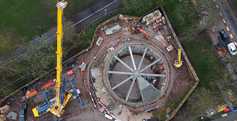 DV4 launch Large circular storm tank under construction, with yellow crane in Marchmont, Edinburgh