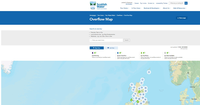 Overflow Map launch screenshot of the overflow map page showing Scotland with overflow icons